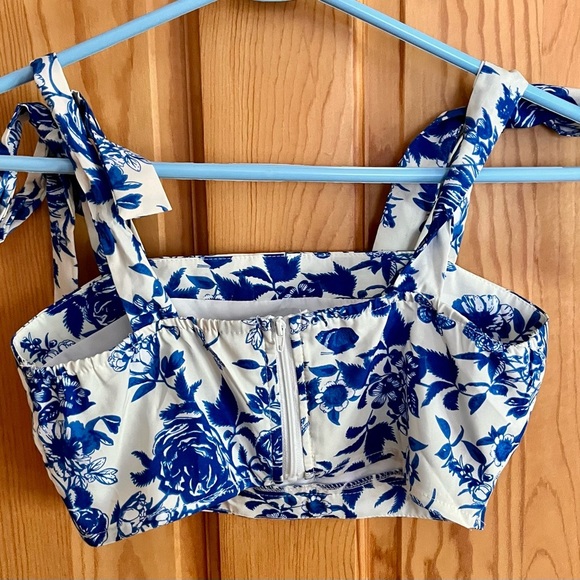 Indigo Blue and White Women's Crop Top Lined Zipper Shoulder Bow Ties Adjusts XS - Picture 4 of 11